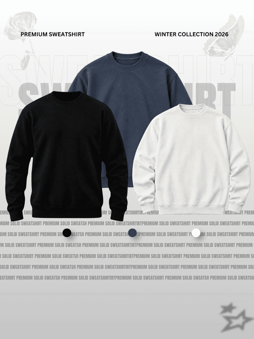 Charcoal Black, Navy Blue & Cream White Sweatshirt Trio