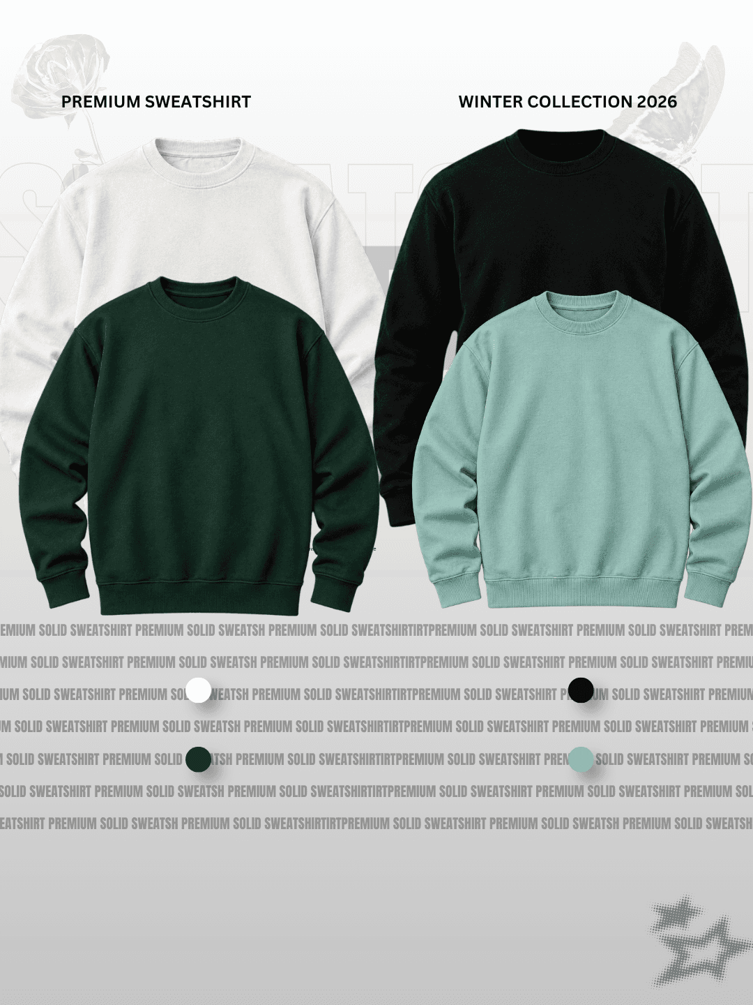 Cream White, Black, Forest Green & Sage Green 4-Sweatshirt Bundle